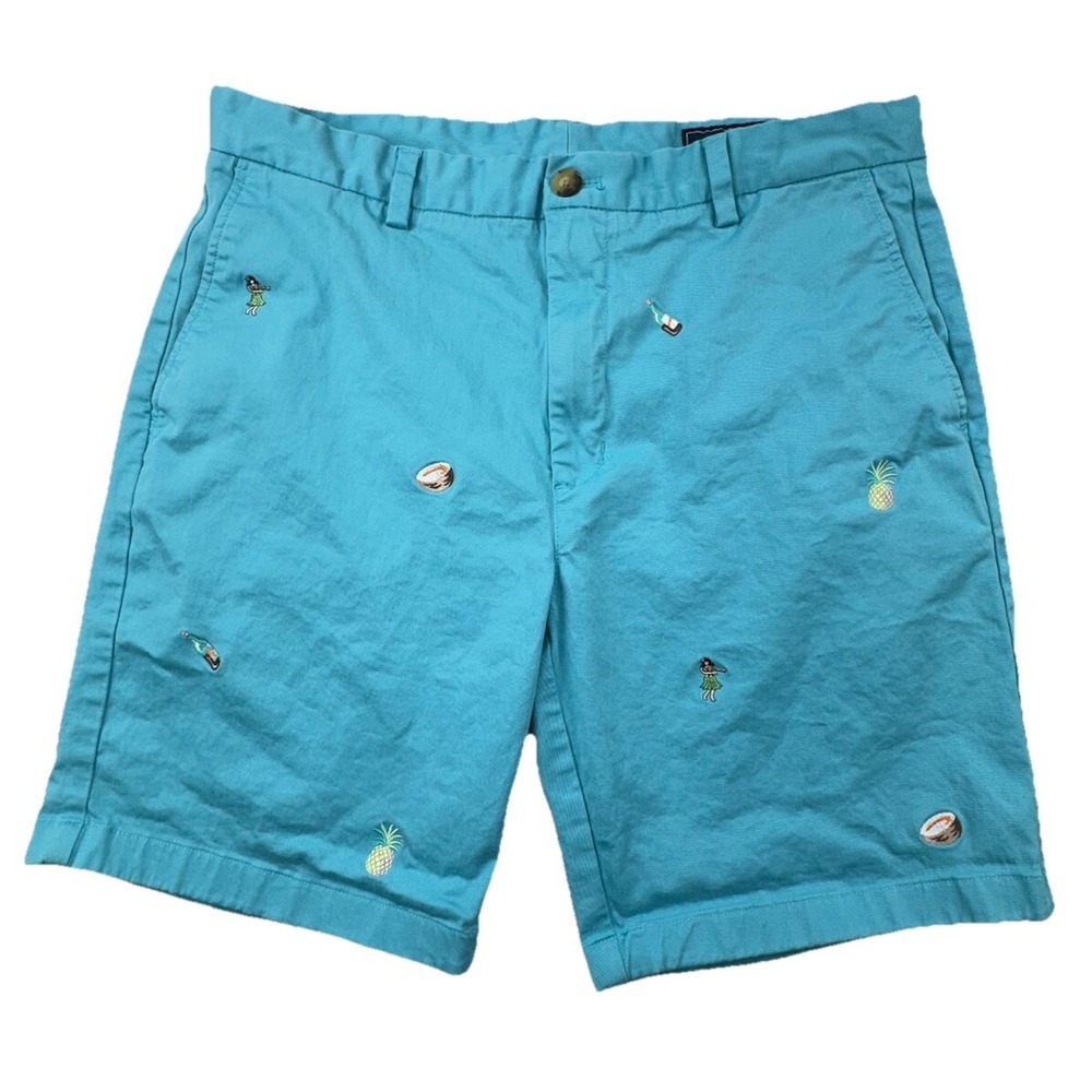 Vineyard Vines Shorts Mens 34 Chino Blue Flat Front Breaker Short Pineapple Hula